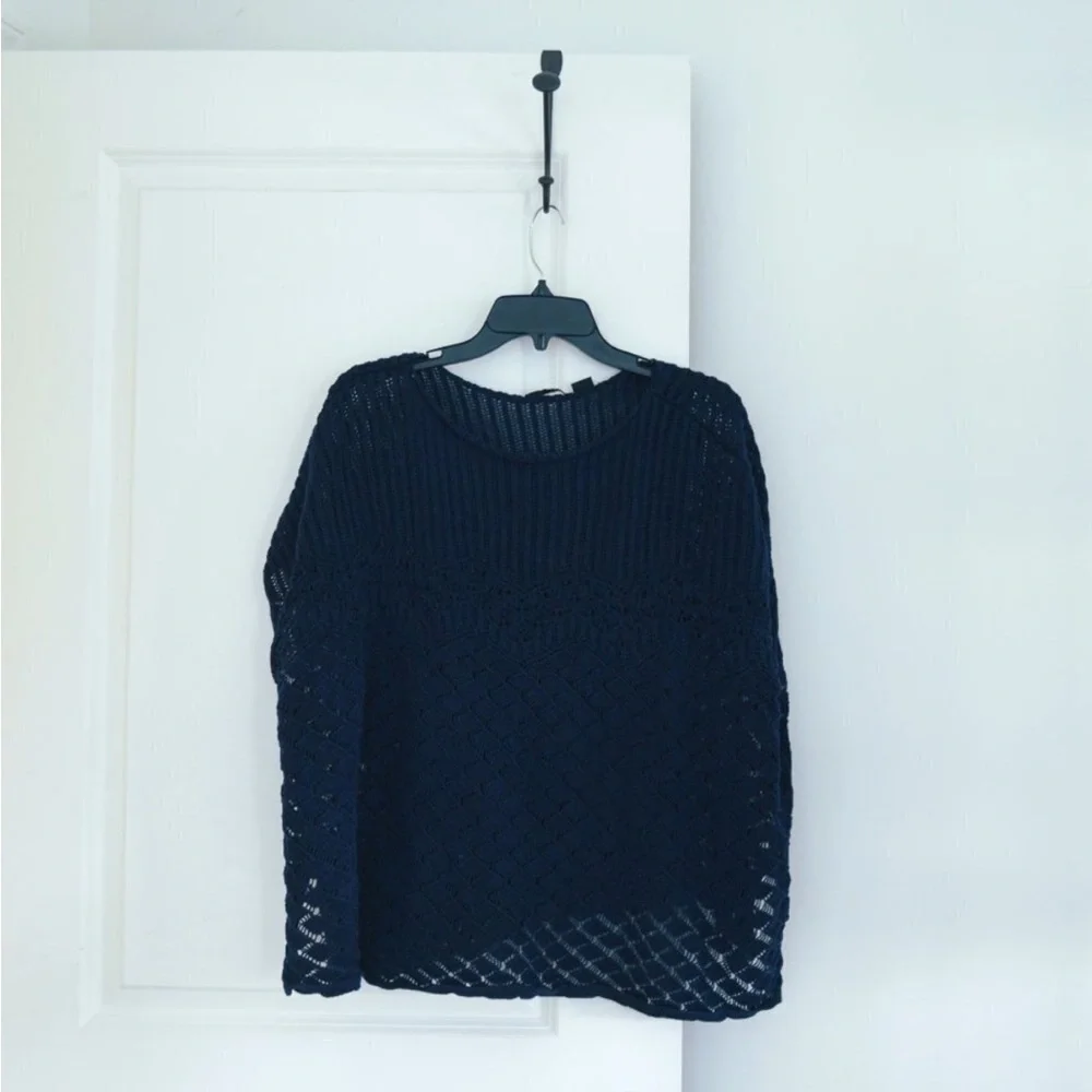Jeanne Pierre Crochet Beach Cover Up Navy Blue Cap Sleeve Boxy Poncho Size M